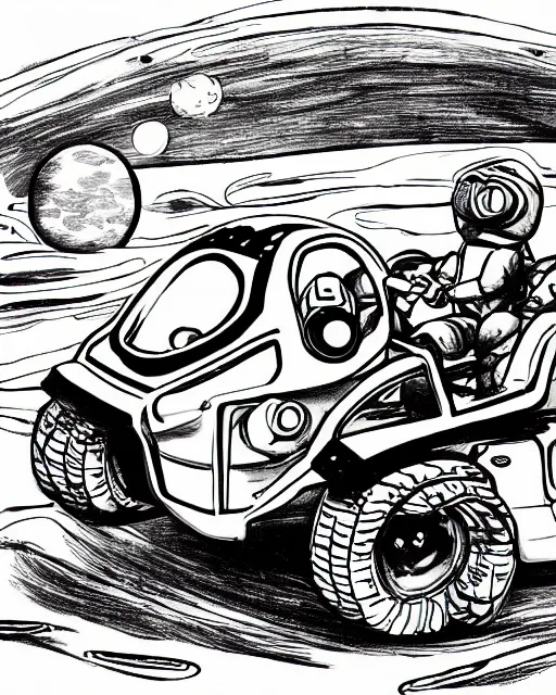 Prompt: astronauts with a moon buggy on an undiscovered alien planet illustrated by kim jung gius, black and white, ink drawing