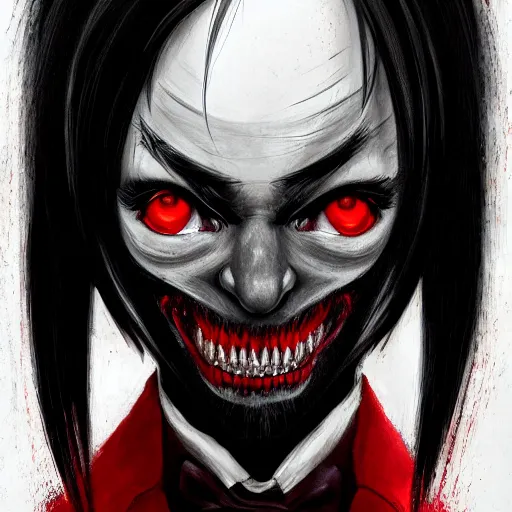 Image similar to full face shot of a butler with straight black hair, a red highlight, long bangs, with black eyes, sharp teeth, fancy bridegroom, ultra detailed, brush strokes, digital painting, cinematic, wlop artstation, pixiv, eerie, scary, intimidating glare, evil, demonic, yoshitaka amano, junji ito,