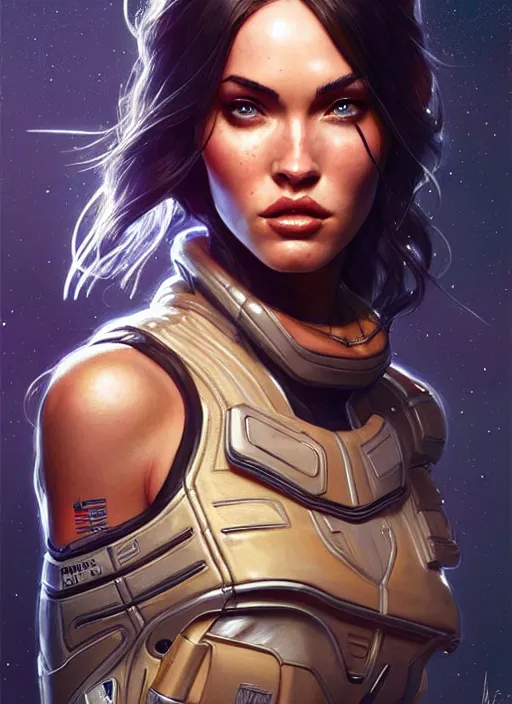 Image similar to portrait of apex legends megan fox, intricate, elegant, glowing lights, highly detailed, digital painting, artstation, glamor pose, concept art, smooth, sharp focus, illustration, art by artgerm and greg rutkowski, artey freytag