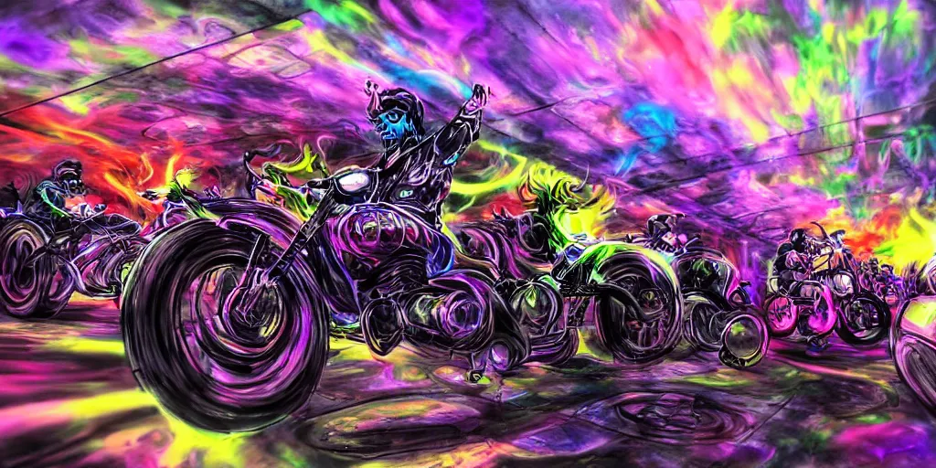 Prompt: psychedelic colorful blacklight airbrush artwork, motorcycles, stylized action shot of orc bikers riding motorcycles, menacing orcs, drifting, skidding, wheelie, clear focused details, soft airbrushed artwork, black background, cgsociety, artstation