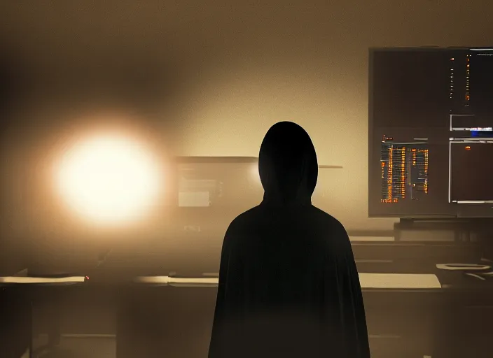 Image similar to over the shoulder shot of a dark robed illuminati cultist using a computer in a evil laboratory, cinematic lighting, volumetric, award winning, digital art