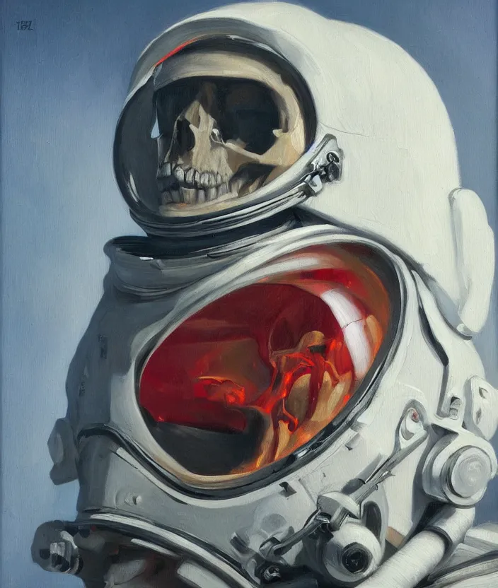 Prompt: a portrait of an astronaut with a skull head, highly detailed oil painting by josep tapiro baro and edward hopper, trending on artstation, oil painting masterpiece, mysterious, very aesthetic, cinematic and dramatic red light, 4 k,