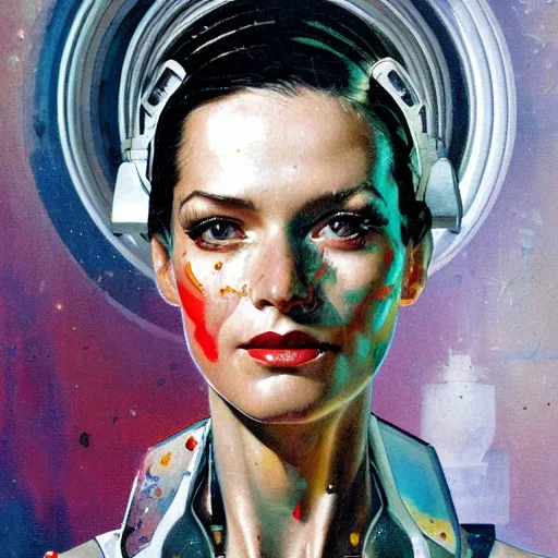 Image similar to portrait of a female android painted by Norman Rockwell and Sandra Chevrier