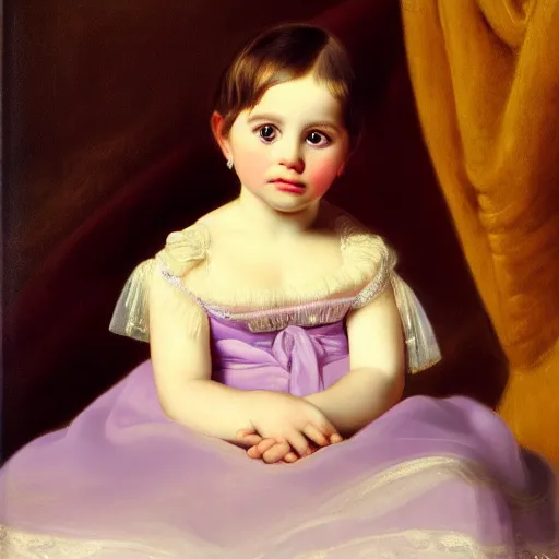 Image similar to portrait of a german toddler princess sitting down in a silk lavender gown, circa 1 8 3 7, by carl joseph begas, highly detailed, beautiful, oil on canvas, 1 8 3 0 s, romanticism