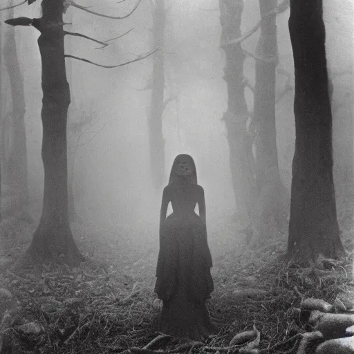 Image similar to an ancient evil-girl on a mysterious fractal forest, mist, 1910 photography, Black and white