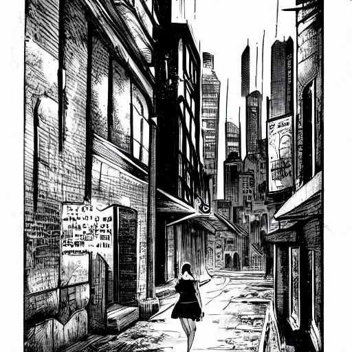 Prompt: beautiful landscape of gotham city back alley in the night with girl walking on the street, grayscale color scheme, comic book artstyle, by jack kirby