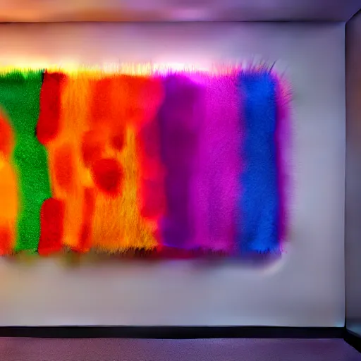 Image similar to : colorful abstract fuzzy sculpture art on the wall in modern architecture studio high luxury, cinematic lighting, hyper - realistic, detailed, render by c 4 d octane, unreal engine, 8 k 3 d render