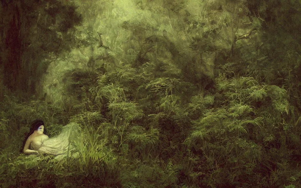 Prompt: the sleeping old goddess in shadow and mist overgrown garden (melancholy) (dreamy), exquisite painting, moody sharp colors
