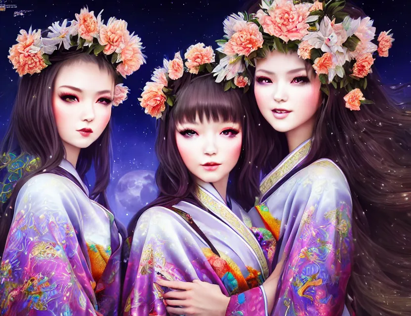 Image similar to two beautiful alluring siberian girls wear fantasy kimono in festival | | sunny night, full moon, dreamlike art, realistic shaded, smile, good looking, hyper details, 4 k realistic, cryengine, realistic shaded lighting poster by artgerm, ross tran, fuji choko, 8 k resolution, trending on artstation, luxury