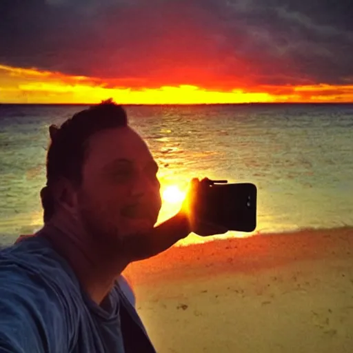 Prompt: Cthulhu photobombing a romantic selfie on a beach sunset