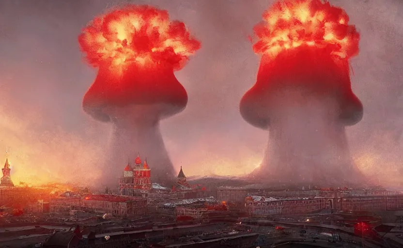 Image similar to nuclear explosion with realistic nuclear mushroom in Red Square Kremlin, cinematic shot, extremely high detail, photo realistic, cinematic lighting, post processed, artstation, matte painting, digital painting, art by Greg Rutkowski