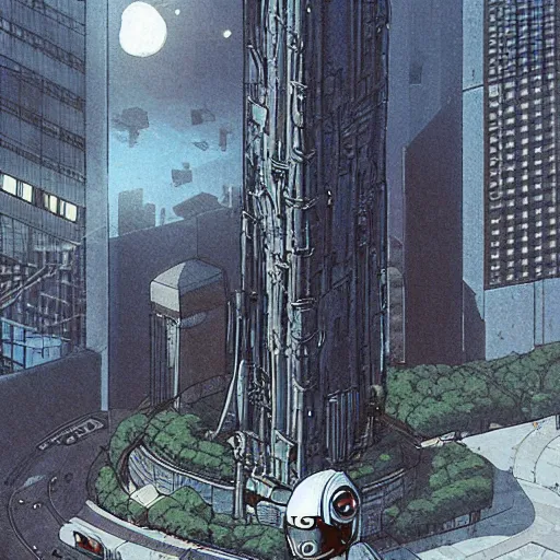 Prompt: “The plaza around the base of the megabuilding was being patrolled by Robocop ED-209. The tower was made of solid black metal and stone. Anime background artwork in the style of Akira. 2077 photo mode by Marc Simonetti, artwork by Ted Nasmith, Ted Nasmith and Marc Simonetti, 8K, D&D concept art, 2077 wallpaper”