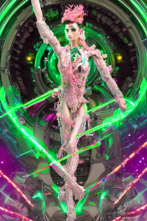 Prompt: full-body rococo and cyberpunk style crystal quartz sculpture of a young handsome seductive chilean android gogo reaching for the sky, glowing pink laser eyes, crown of white gears and diamonds, swirling green-colored silk fabric. futuristic elements. full-length view. intricate artwork by caravaggio. Trending on artstation, octane render, cinematic lighting from the right, hyper realism, octane render, 8k, depth of field, 3D
