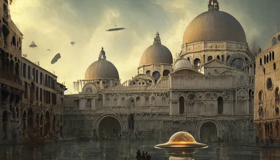 Image similar to an alien ufo spaceship landing on renaissance italy venice city landscape with beautiful temples by greg rutkowski, artgerm, ross tran, magali villeneuve, intricate, time travel theme, audince in awe, sorrounded, award winning, octane render, masterpiece, 8 k