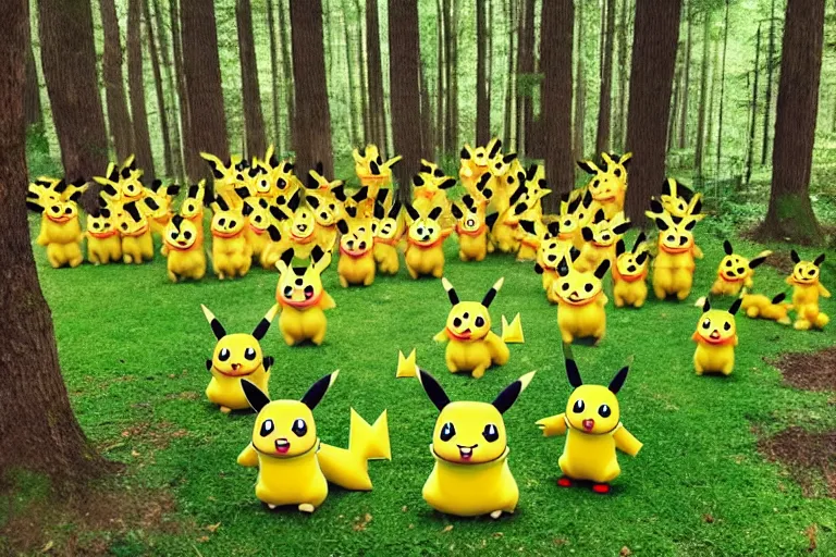 Image similar to an anime forest full of Pikachu