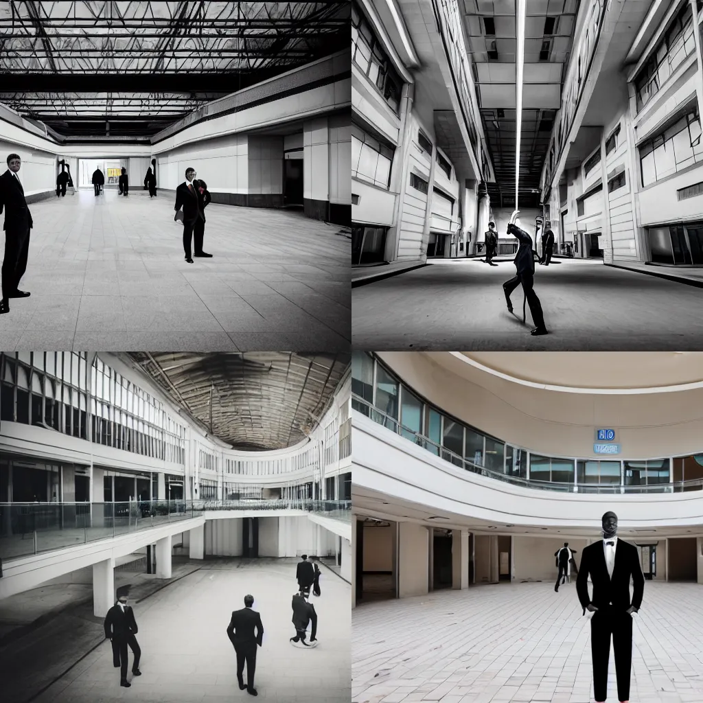 Prompt: men in suits playing hide and seek in an abandoned mall