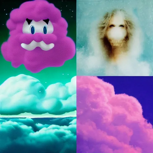 Image similar to 8 0 s new age album cover depicting a fluffy pink cloud in the shape of waluigi, very peaceful mood