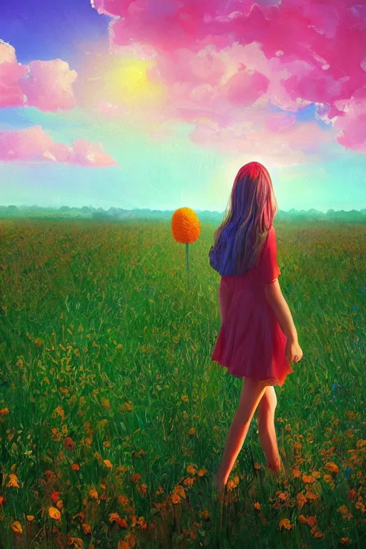 Image similar to giant flower head, girl walking in a flower field, surreal photography, sunrise, dramatic light, impressionist painting, colorful clouds, digital painting, artstation, simon stalenhag