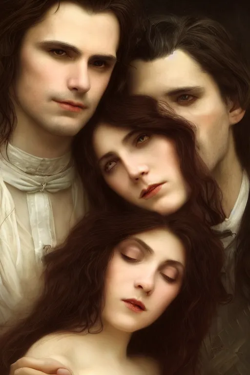 Image similar to a portrait of handsome young male vampire with long hair and his elegant beautiful dark bohemian wife, bored, illustration, dramatic lighting, soft details, painting oil on canvas, art nouveau, octane render, HDR, 4k, 8k, HD, by Edmund Blair Leighton, Brom, Charlie Bowater, trending on artstation, faces by Tom Bagshaw, Sargent