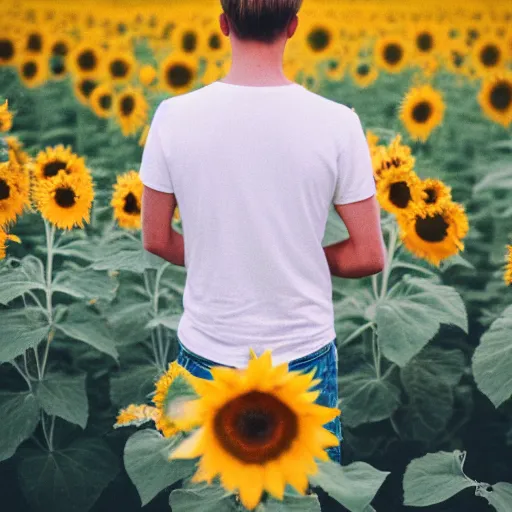 Image similar to kodak portra 4 0 0 photograph of a skinny blonde guy standing in field of sunflowers, back view, flower crown, moody lighting, telephoto, 9 0 s vibe, blurry background, vaporwave colors, faded!,