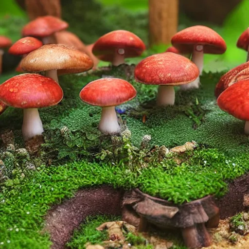 Image similar to close up photograph of small scale mushrooms village, fantasy world