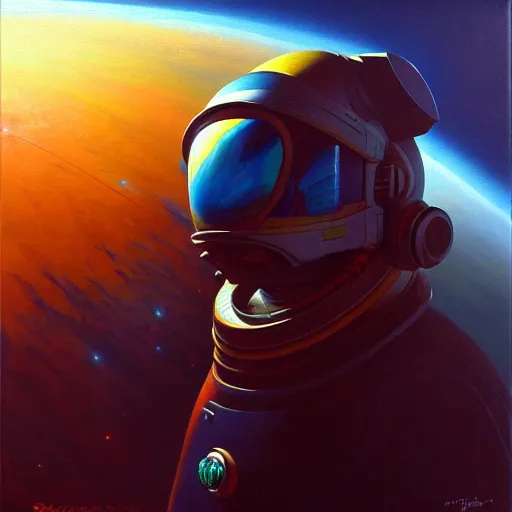 Prompt: a les edwards sci - fi style space pilot, oil on canvas, smooth, sharp focus, vibrant volumetric natural light.