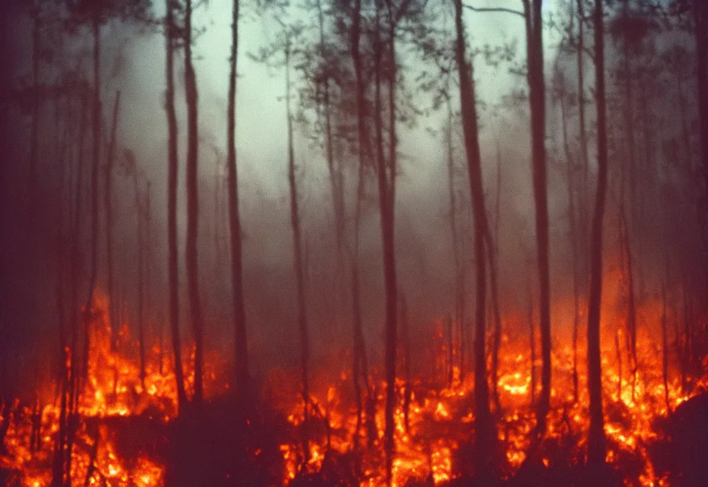 Image similar to lomo photo of a large burning forest in horizon, cinestill, bokeh, out of focus, night, dramatic lighting