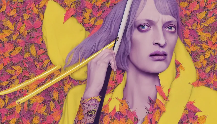 Prompt: breathtaking detailed pattern pastel colors of uma thurman ( kill bill ) in yellow kimono, with katana sword and autumn leaves, by hsiao - ron cheng, bizarre compositions, exquisite detail, enhanced eye detail