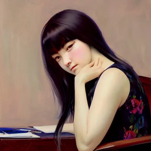 Image similar to oil painting by ilya kuvshinov,, baugh casey, rhads, coby whitmore, of a youthful japanese beauty, long hair, sitting on antique chair leaning against a desk, victorian room, highly detailed, breathtaking face, studio photography