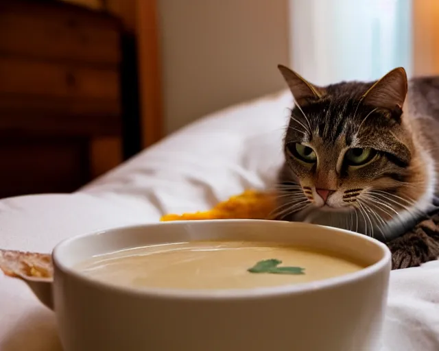 Image similar to cat laying in bed drinking chicken soup while watching the late show.