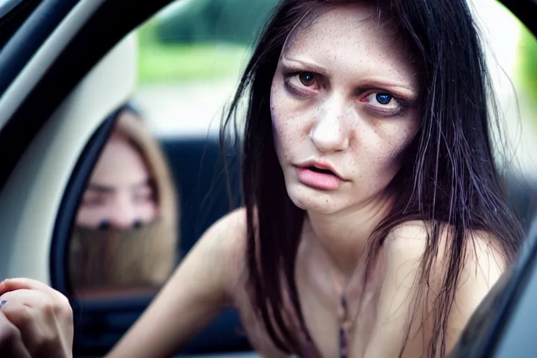 Image similar to mid shot portrait of a stunningly pretty young woman, sitting in her car, stuck in a traffic jam, tears, frustration, in the style of David cronenberg ,scary, weird, surprising, realistic, sharp focus, 8k high definition, medium format film photography, photo realistic, insanely detailed, intricate, elegant, art by les edwards and David kostic and stanley lau and artgerm