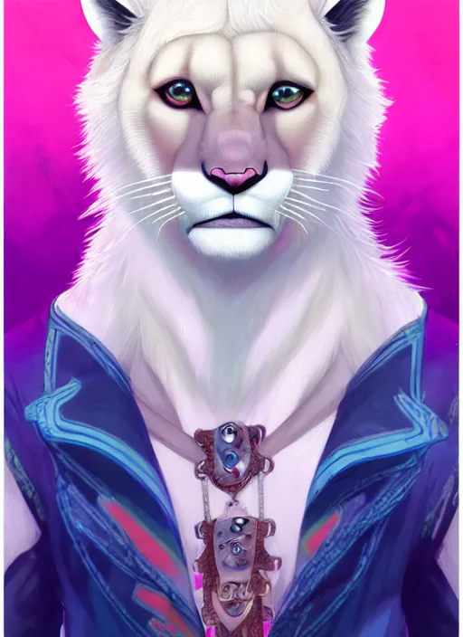 Image similar to award winning beautiful portrait commission of a male furry anthro albino mountain lion with a beautiful hyperdetailed attractive outfit and face wearing a blue and pink rockstar outfit on a stage. Character design by charlie bowater, ross tran, and makoto shinkai, detailed, inked, western comic book art