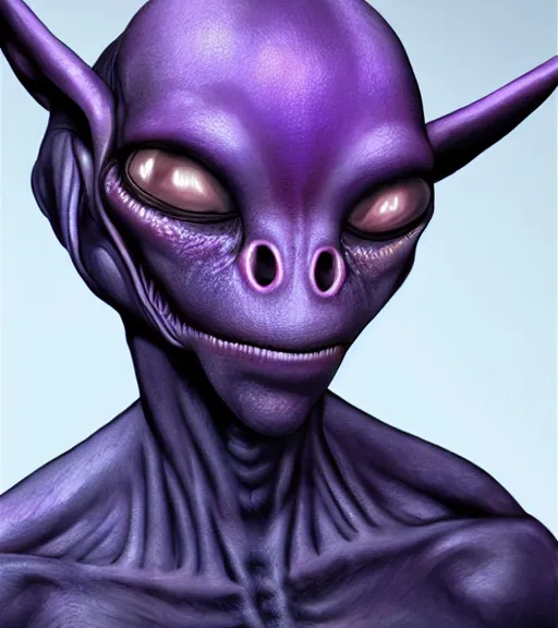 Image similar to realistic character portrait, ant alien, trending in artstation, purple color lighting