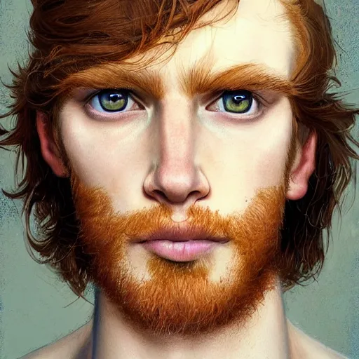 Prompt: 2 4 - year - old man, masculine face, square jaw, ginger hair, dark blue eyes, hyper realistic face, beautiful eyes, highly detailed, digital painting, smooth, sharp, beautiful face, expressive eyes, long fluffy wavy ginger hair, art by greg rutkowski and alex gray