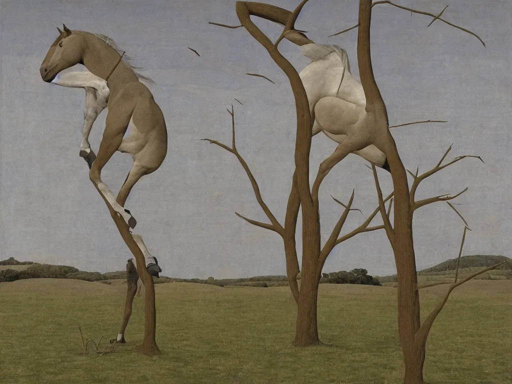 Prompt: 'Horse embracing a tree. River crossing, giant thorns, long shadows. Painting by Alex Colville, Piero della Francesca'
