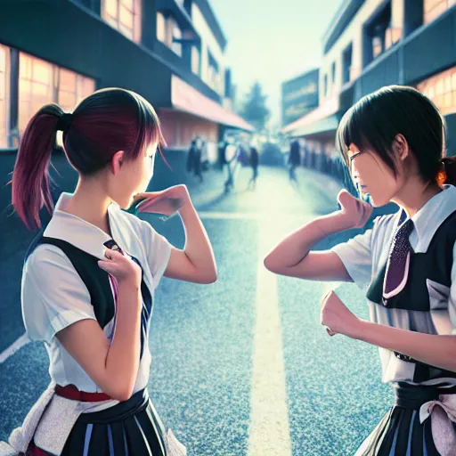 Prompt: two japanese schoolgirls fighting in the parking lot of a store at night, intricate details, complementary lighting, detailed face, backlighting, octane render, raytraced, depth of field, extremely detailed, trending in artstation, sharp focus, radiant light, beautiful composition, yihao ren, zochi, zero - hour, jean paul fiction