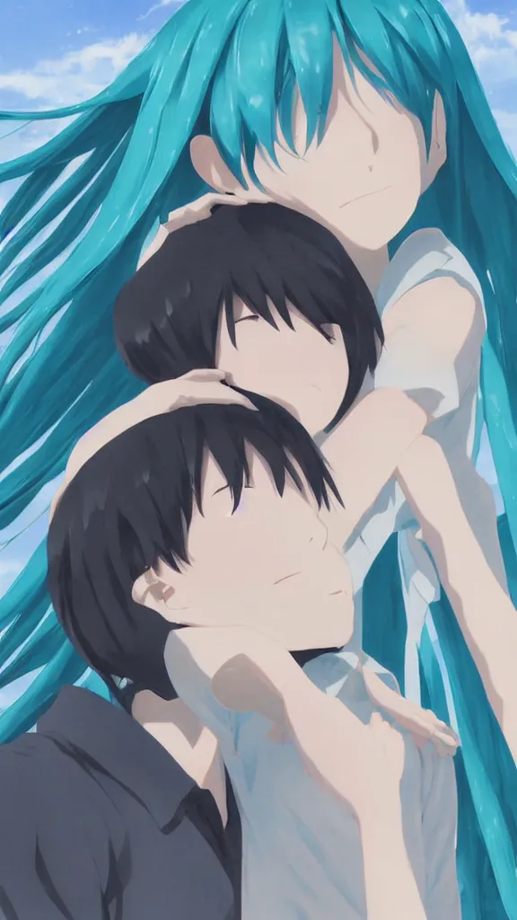 Prompt: a high detail portrait of Hatsune Miku hugging a young man by Makoto Shinkai, by BUNBUN, CLIP STADIO, mad painting