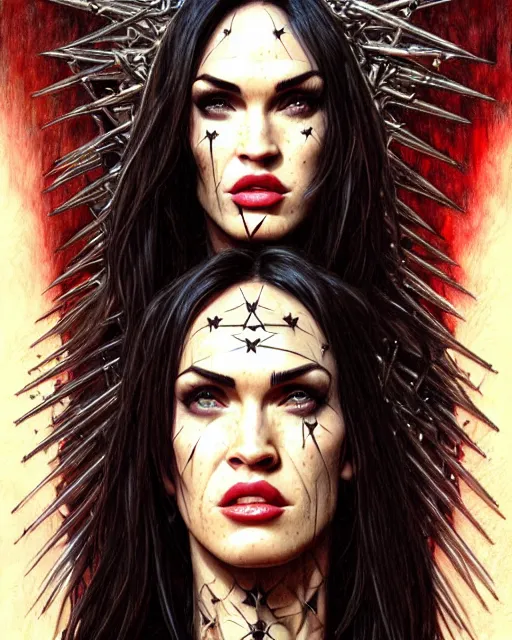 Image similar to portrait of megan fox as pinhead, bald, hellraiser, xenobite, lament configuration, hell, intricate, headshot, highly detailed, digital painting, artstation, concept art, sharp focus, cinematic lighting, illustration, art by artgerm and greg rutkowski, alphonse mucha, cgsociety