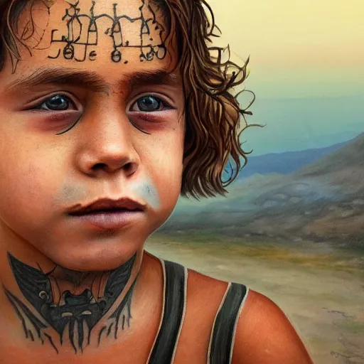 Image similar to a detailed portrait of a boy with a face tattoo in the desert, fantasy art illustration, incredibly highly detailed and realistic, 8 k, sharp focus