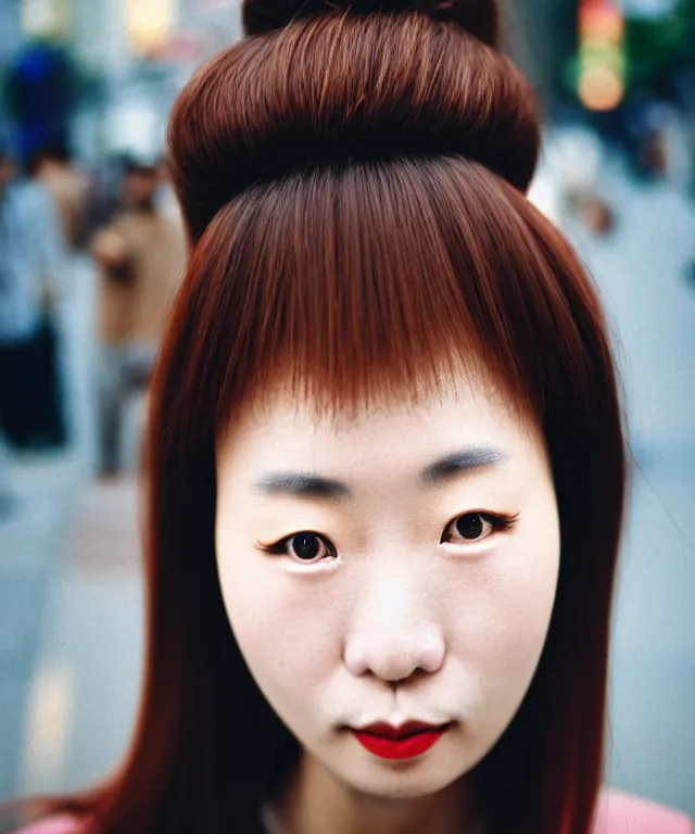 Image similar to a portrait street photograph shot on cinestill 5 0 d of a japanese woman in 9 0 s fashion with modest make up, hair died to a hazelnut brown, shot in shibuya tokyo on a 3 5 mm at f / 2. 8 and 1 / 1 2 0 0 shutter speed, print magazine quality, nostalgia, 8 k