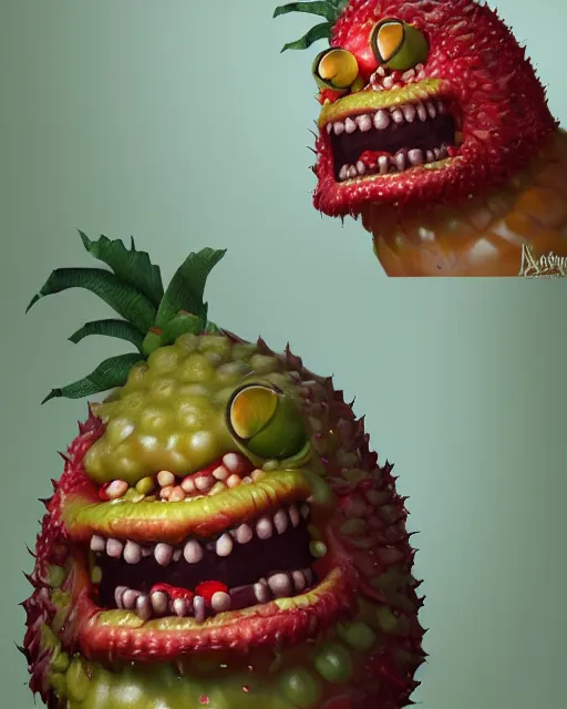 Image similar to a fruit figurine monster made of different fruit, concept art, oil painting, highly detailed, dramatic lighting, hyperrealistic, 8 k, artstation, cgsociety