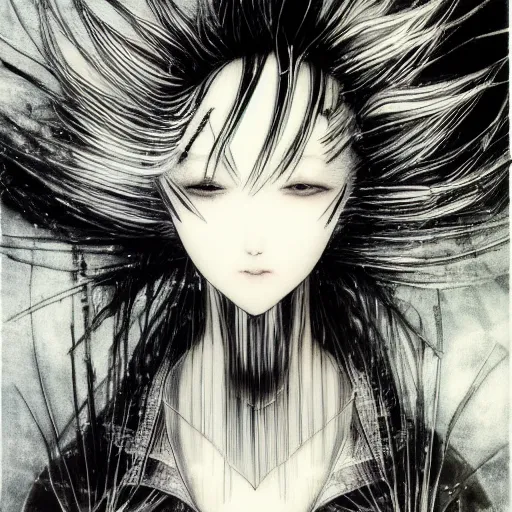 Image similar to Yoshitaka Amano dreamy illustration of an anime girl with white hair and cracks on her face wearing dress suit with tie fluttering in the wind, abstract black and white patterns on the background, head turned to the side, noisy film grain effect, highly detailed, Renaissance oil painting, weird portrait angle