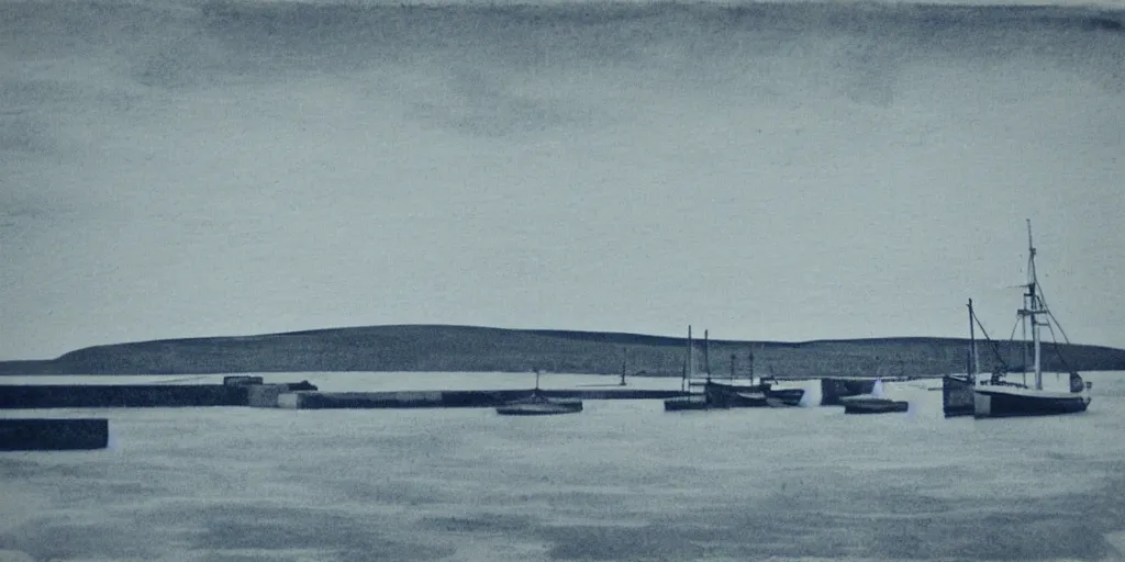 Prompt: a cyanotype of the harbour at Stromness orkney