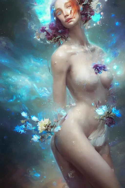 Prompt: beautiful girl covered with crystals exploding space, 3 d render, hyper realistic detailed portrait, holding magic flowers, ruan jia, wlop. scifi, fantasy, hyper detailed, octane render, concept art, peter mohrbacher