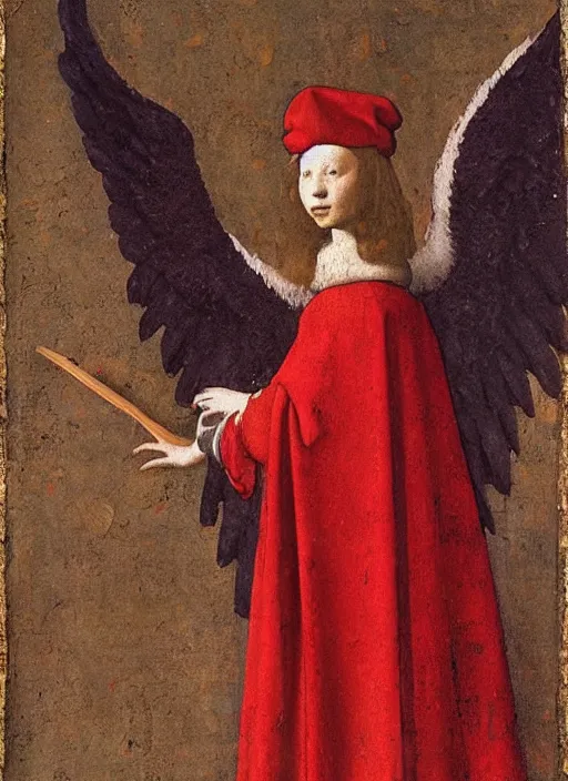 Image similar to Flying Fallen Angel with wings dressed in red, Medieval painting by Jan van Eyck, Johannes Vermeer, Florence