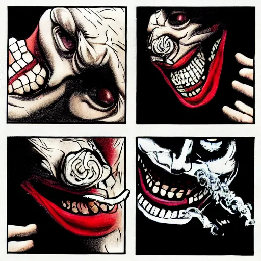 Image similar to joker, smiling, unnatural grin, horror, creepy, smoke, black, dark, glow