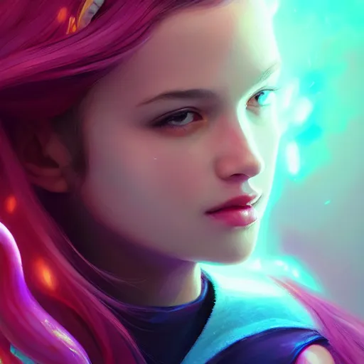 Image similar to A stunning portrait of teen girl with tentacles on her head, art by Artgerm and Ross Tran, vivid color palette, digital painting, 3D, octane render, highly detailed, particles, light effect, volumetric lighting, digital painting, artstation, concept art, smooth, sharp focus