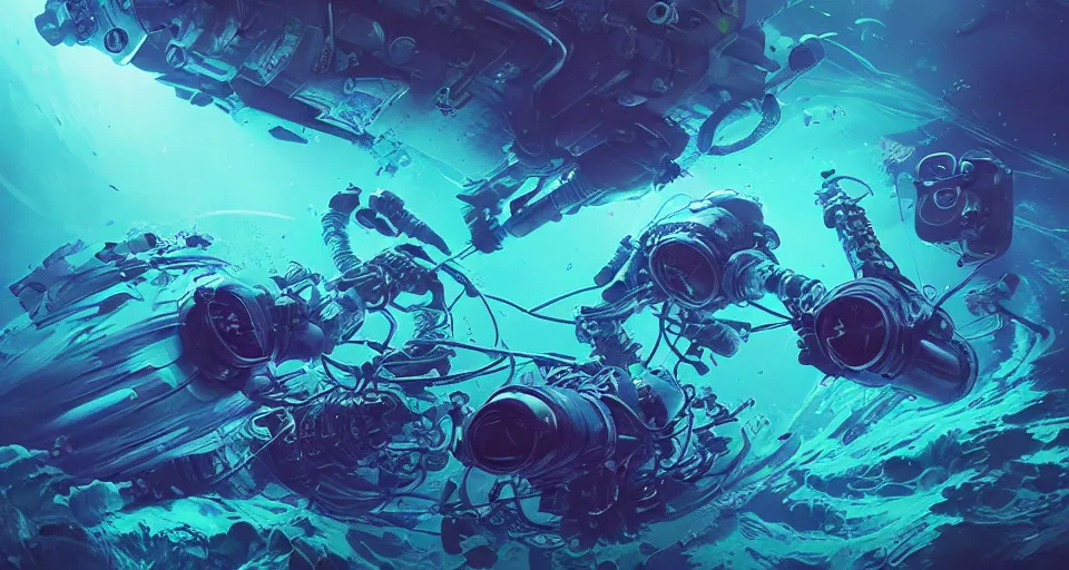 Image similar to bioluminescent underwater cyberpunk life fighting, blue, orange, purple, cyberpunk submersible, deep ocean, bottom of the sea, dark, extreme depths, organic, mariana trench, midnight zone, bubbles, hyper realistic, hyper detailed, digital art, trending in artstation, studio quality, photorealistic, photo, by jesper ejsing, wlop, paul lehr