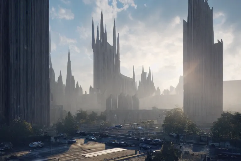 Image similar to streetscape, a towering cathedral of brutalist architecture, buildings covered with greebles, stunning volumetric light, sunset, metal, concrete and translucent material, stunning skies, majestic landscape, trending on Artstation, 8k, photorealistic, hyper detailed, unreal engine 5, IMAX quality, cinematic, epic lighting, in the style of Greg Rutkowski