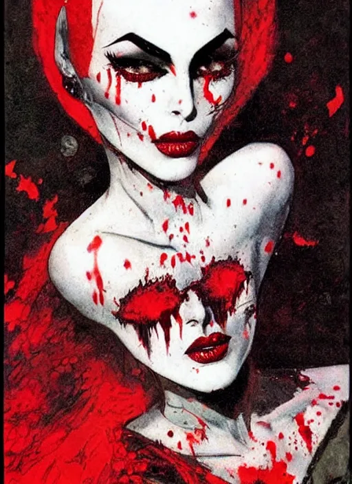 Prompt: portrait of bald iranian vampiress, jeweled veil, strong line, saturated color, beautiful! coherent! by frank frazetta, high contrast, blood splatter background